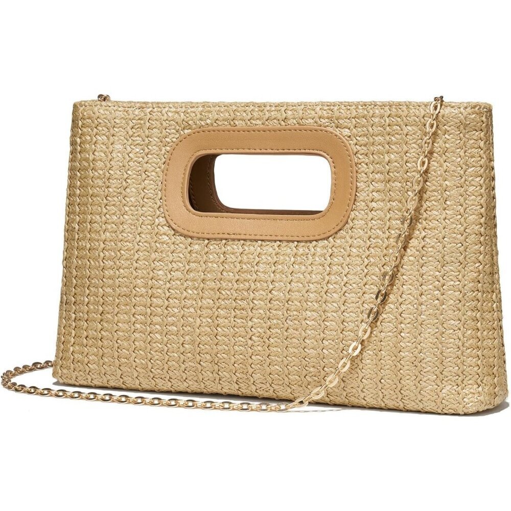 Tan Straw Clutch Purse for Women with Top Handle Summer Boho Beach Bag - Picture 2 of 6